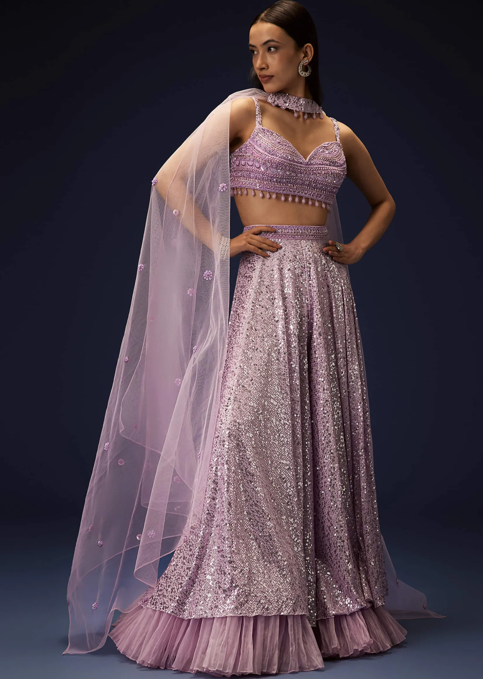 Mauve Sequence Double Layer Skirt Dupatta Set With Hand Embroidered Blouse