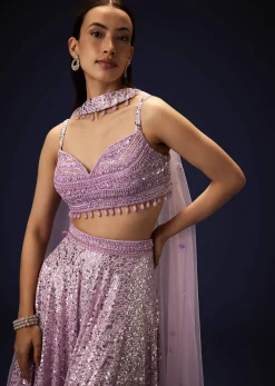 Mauve Sequence Double Layer Skirt Dupatta Set With Hand Embroidered Blouse