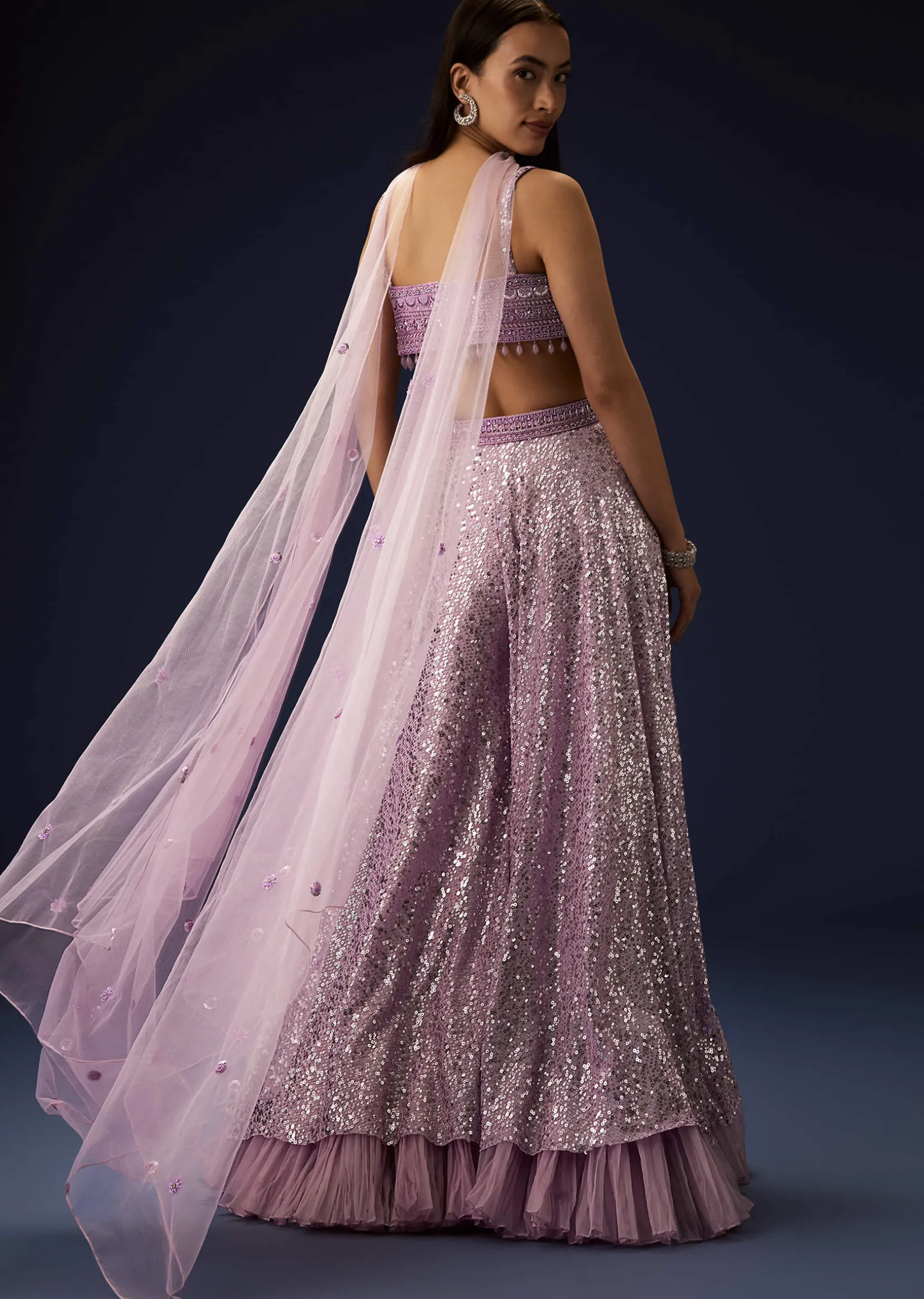 Mauve Sequence Double Layer Skirt Dupatta Set With Hand Embroidered Blouse