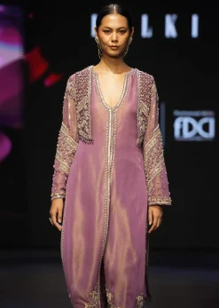Mauve Straight Kurta With Embroidered Jacket And Bell Bottom Pants