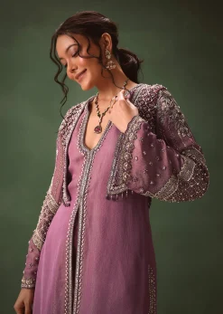 Mauve Straight Kurta With Embroidered Jacket And Bell Bottom Pants