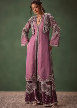 Mauve Straight Kurta With Embroidered Jacket And Bell Bottom Pants