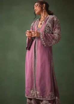Mauve Straight Kurta With Embroidered Jacket And Bell Bottom Pants