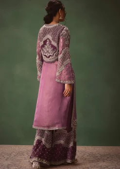 Mauve Straight Kurta With Embroidered Jacket And Bell Bottom Pants