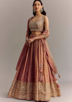 Mauve Tissue Lehenga Set With Embroidered Choli And Dupatta