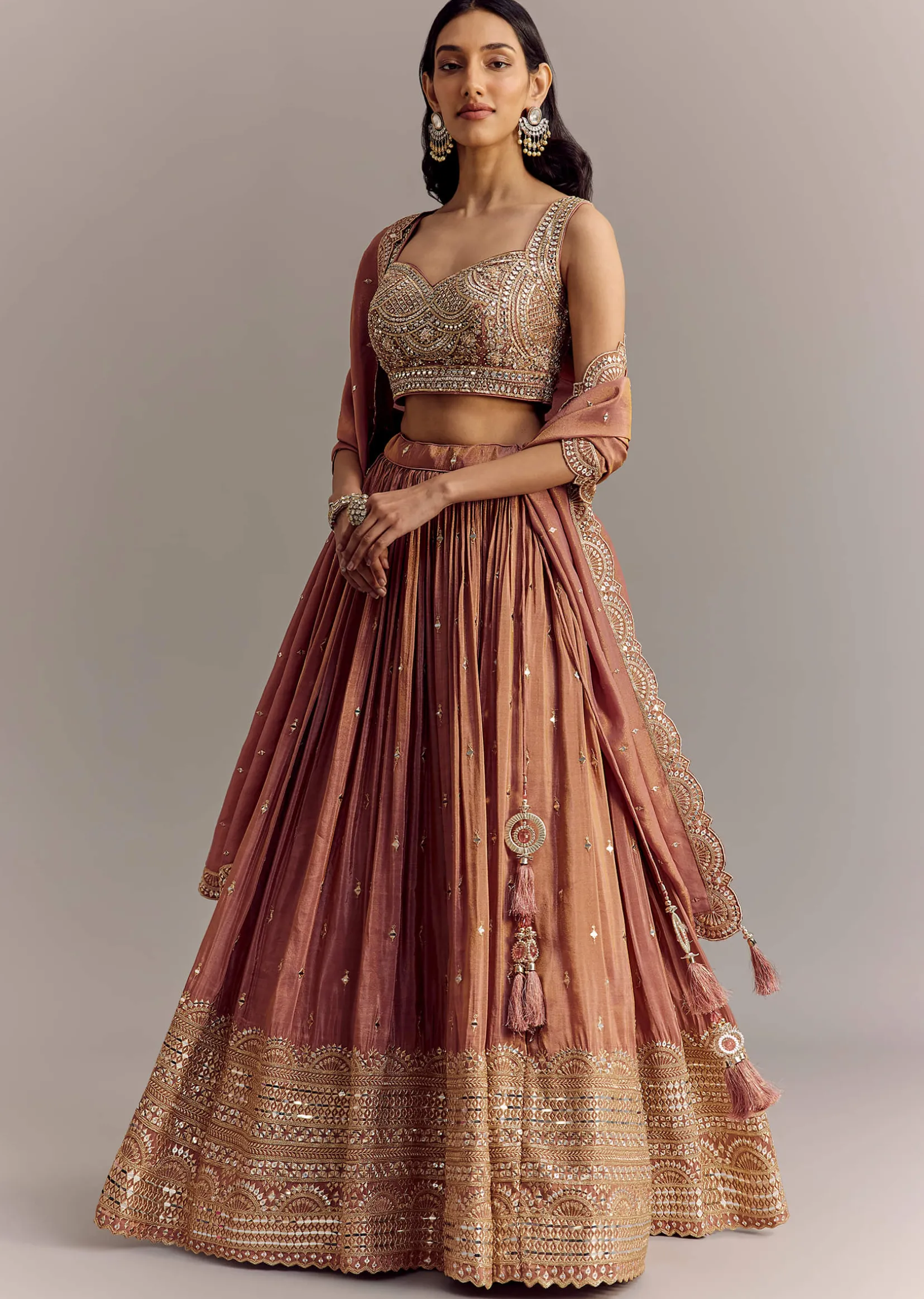 Mauve Tissue Lehenga Set With Embroidered Choli And Dupatta