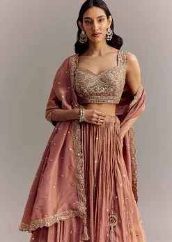Mauve Tissue Lehenga Set With Embroidered Choli And Dupatta