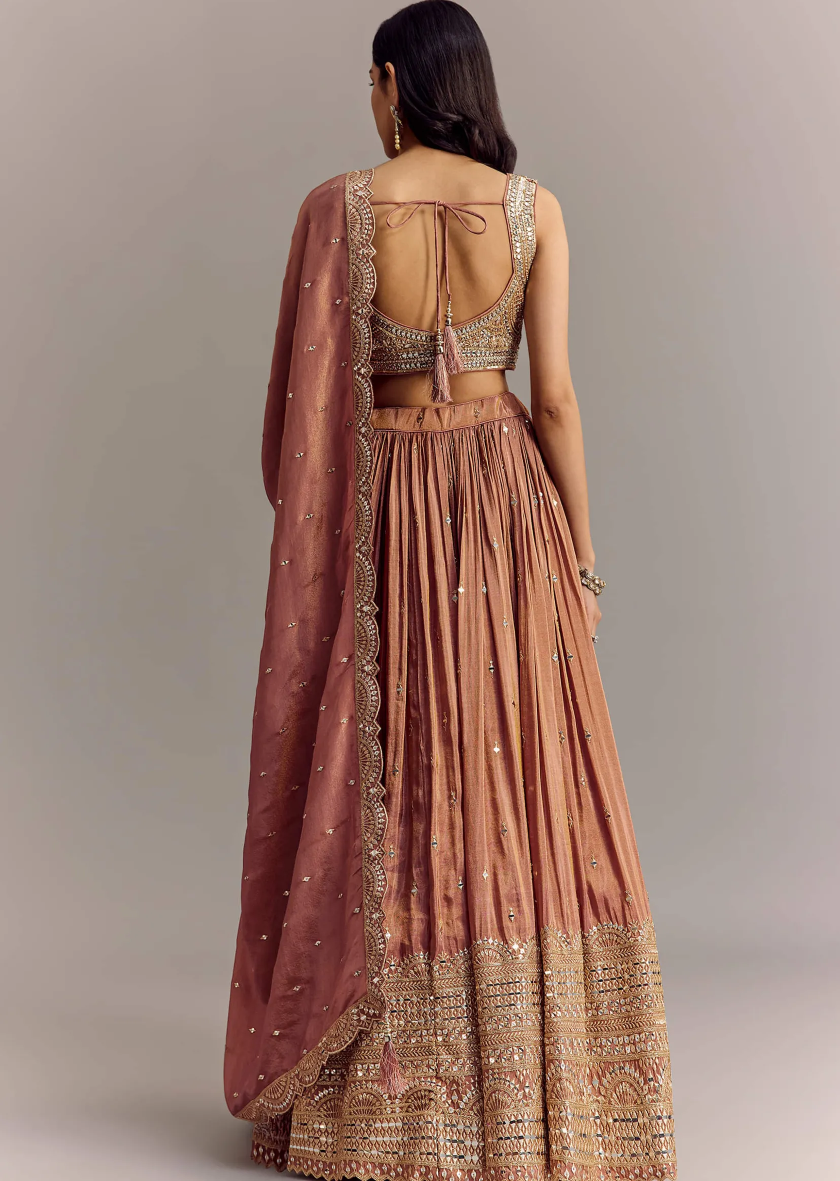 Mauve Tissue Lehenga Set With Embroidered Choli And Dupatta