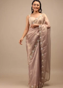 Mauve Tissue Saree In White Moti And Cut Dana Embroidery Buttis, Border Has Cutwork Embroidery Detailing