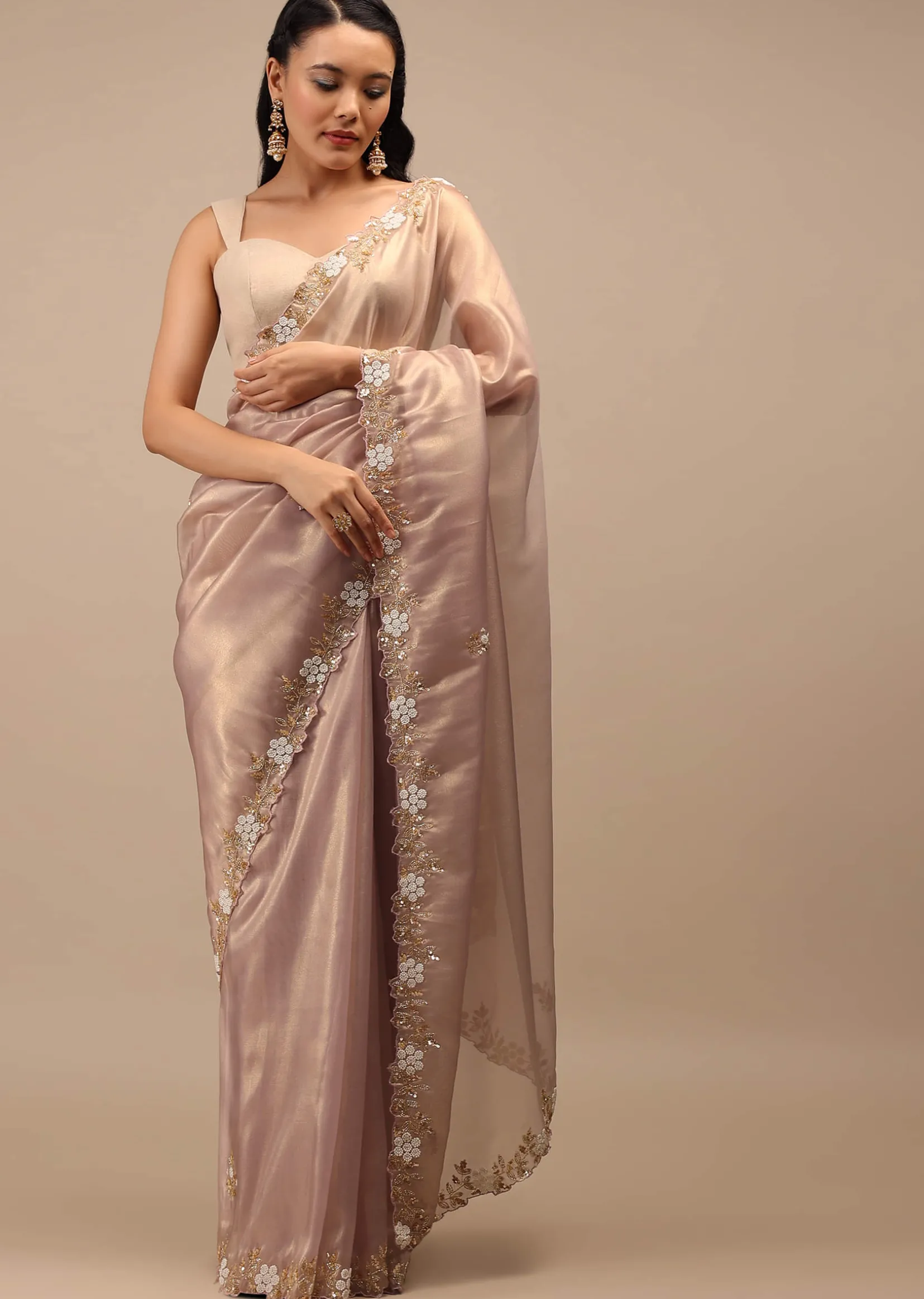 Mauve Tissue Saree In White Moti And Cut Dana Embroidery Buttis, Border Has Cutwork Embroidery Detailing