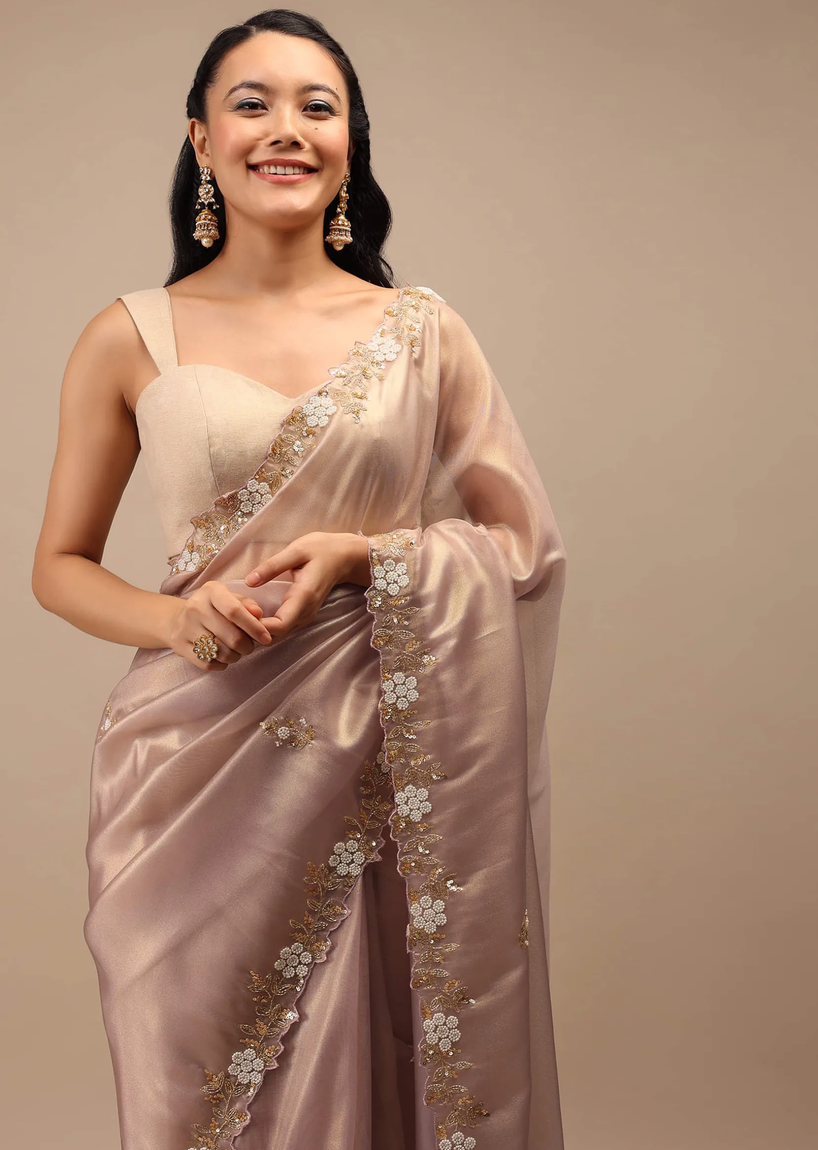 Mauve Tissue Saree In White Moti And Cut Dana Embroidery Buttis, Border Has Cutwork Embroidery Detailing