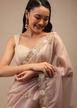 Mauve Tissue Saree In White Moti And Cut Dana Embroidery Buttis, Border Has Cutwork Embroidery Detailing