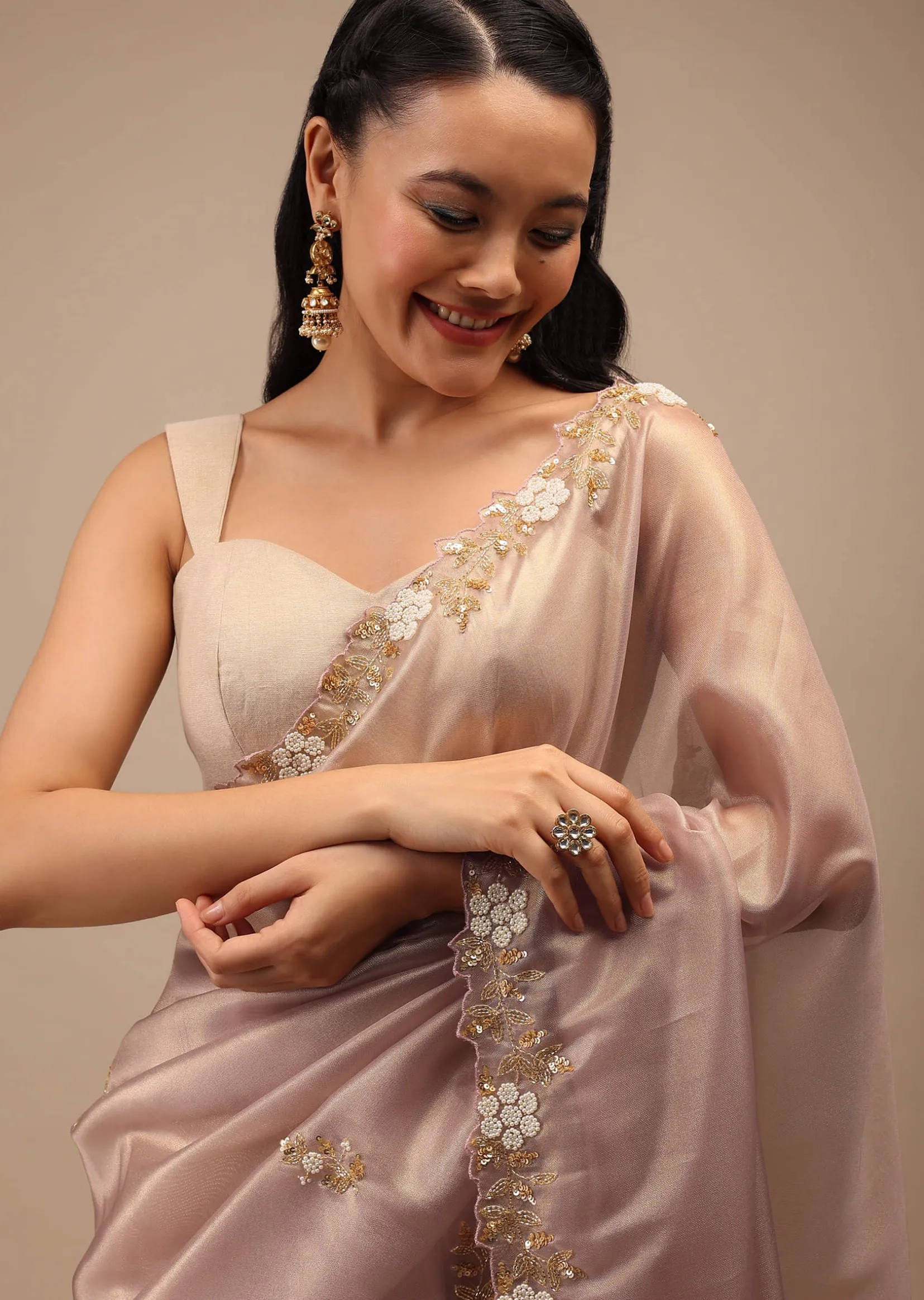 Mauve Tissue Saree In White Moti And Cut Dana Embroidery Buttis, Border Has Cutwork Embroidery Detailing