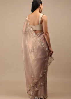 Mauve Tissue Saree In White Moti And Cut Dana Embroidery Buttis, Border Has Cutwork Embroidery Detailing