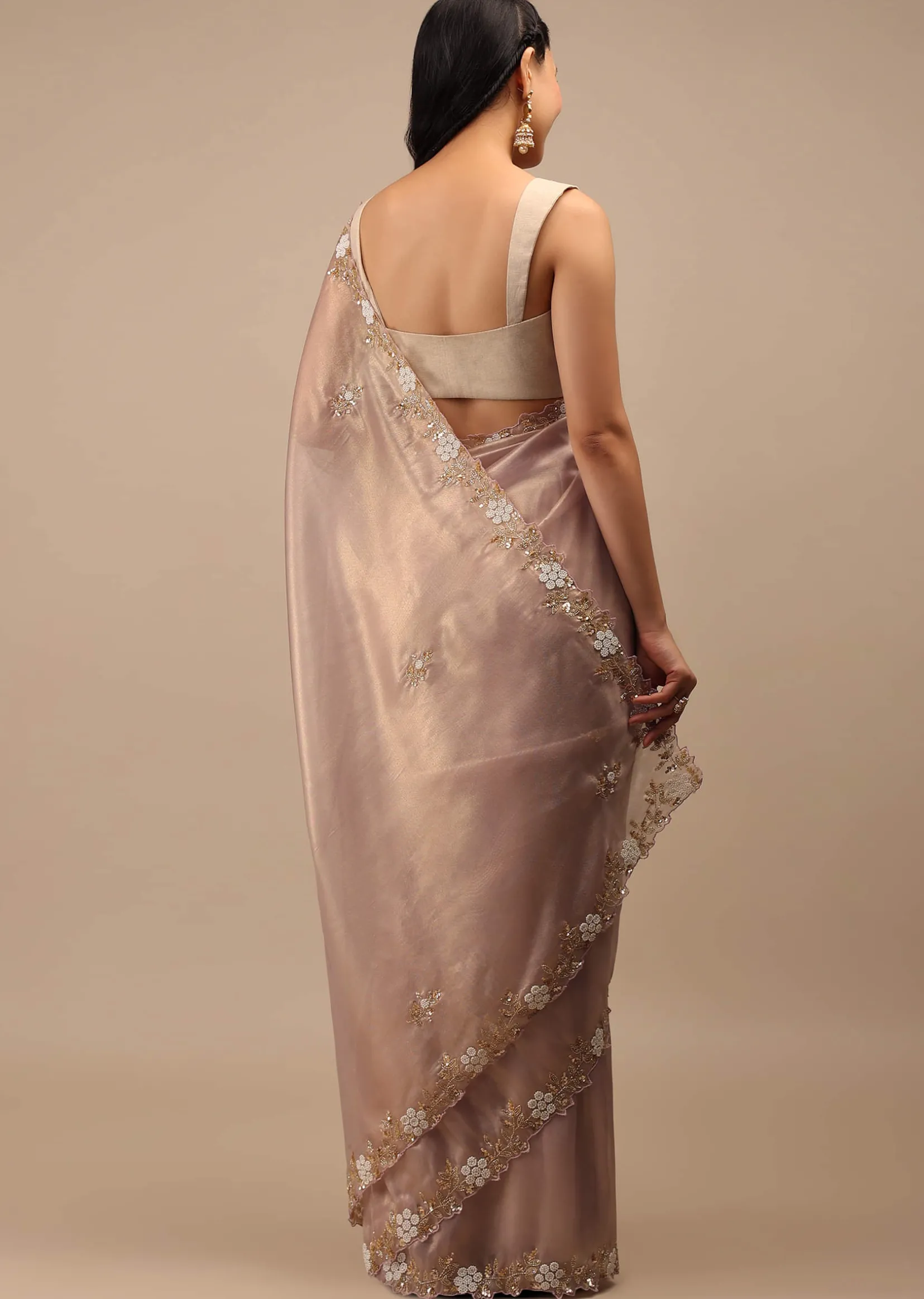 Mauve Tissue Saree In White Moti And Cut Dana Embroidery Buttis, Border Has Cutwork Embroidery Detailing