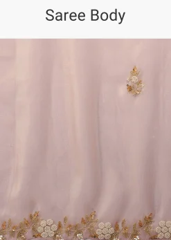 Mauve Tissue Saree In White Moti And Cut Dana Embroidery Buttis, Border Has Cutwork Embroidery Detailing