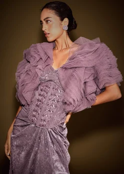 Mauve Velvet Embroidered Corset Set With Drape Skirt And Ruffled Jacket