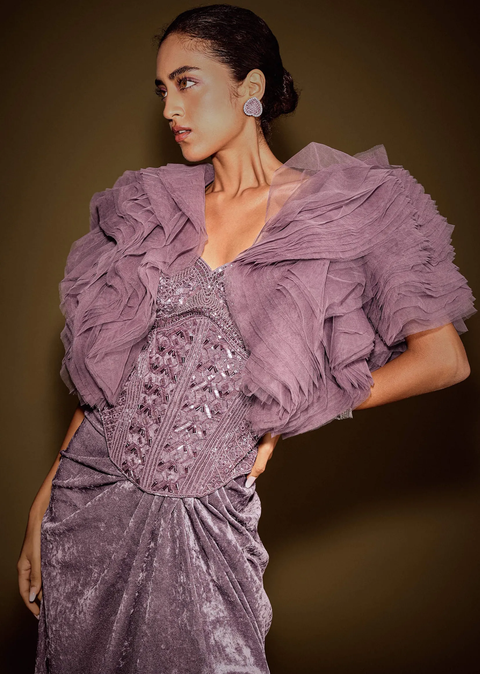 Mauve Velvet Embroidered Corset Set With Drape Skirt And Ruffled Jacket