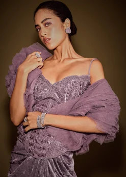 Mauve Velvet Embroidered Corset Set With Drape Skirt And Ruffled Jacket