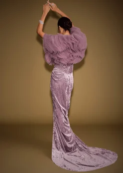 Mauve Velvet Embroidered Corset Set With Drape Skirt And Ruffled Jacket