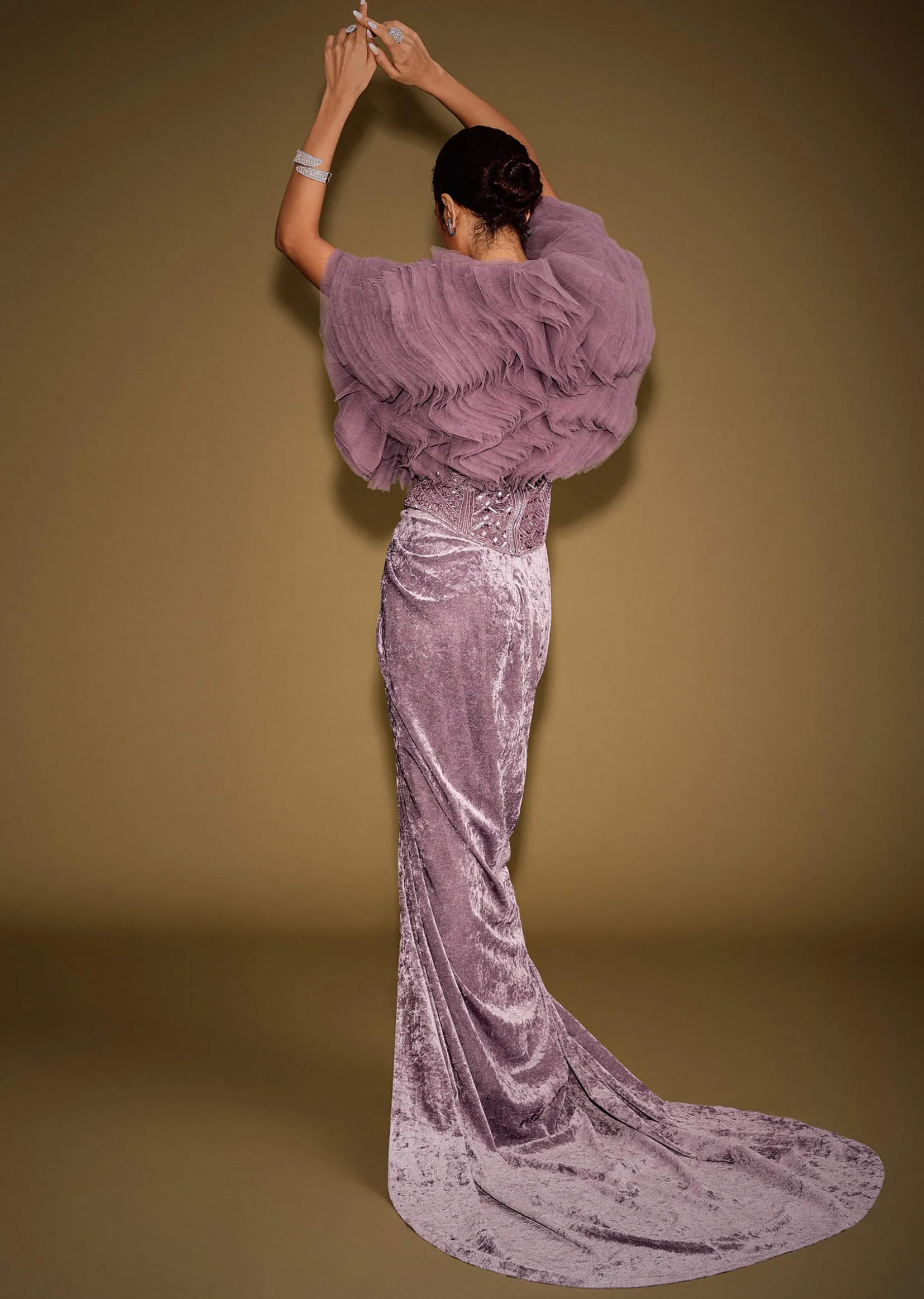 Mauve Velvet Embroidered Corset Set With Drape Skirt And Ruffled Jacket