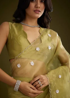 Mehandi Green Tissue Saree With Sequin Floral Embroidery