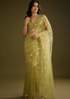 Mehandi Green Tissue Saree With Sequin Floral Embroidery