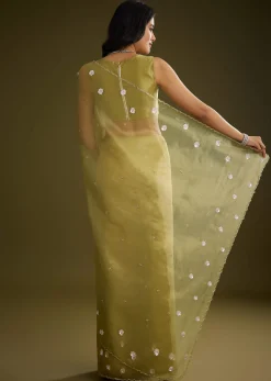 Mehandi Green Tissue Saree With Sequin Floral Embroidery
