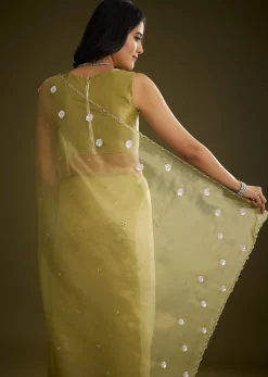 Mehandi Green Tissue Saree With Sequin Floral Embroidery