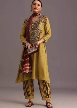 Mehendi Green Ajrakh Printed Kurta Set With Leheriya Dupatta