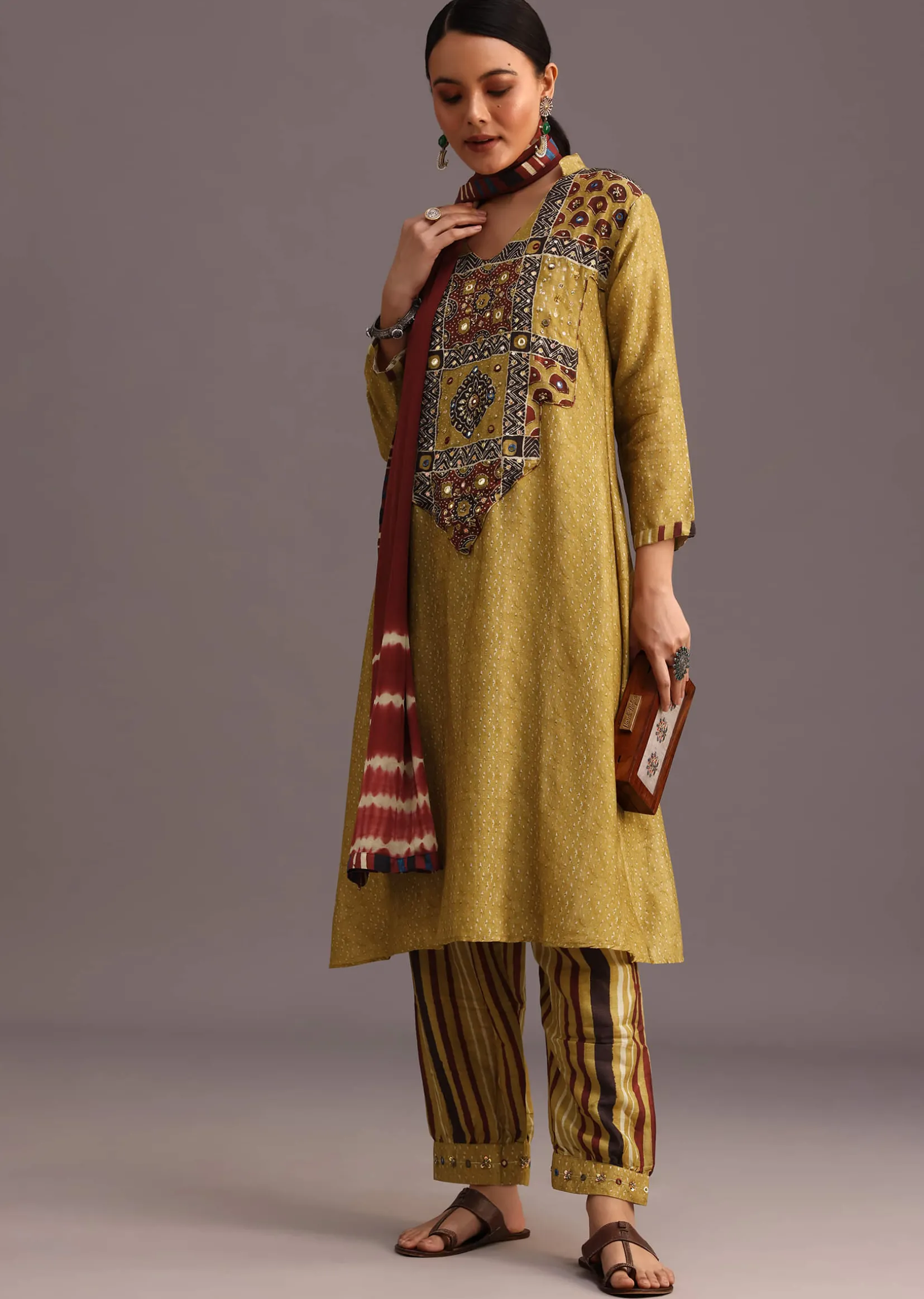Mehendi Green Ajrakh Printed Kurta Set With Leheriya Dupatta