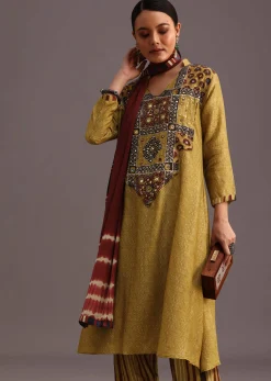 Mehendi Green Ajrakh Printed Kurta Set With Leheriya Dupatta
