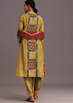Mehendi Green Ajrakh Printed Kurta Set With Leheriya Dupatta