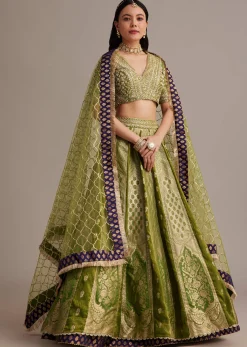 Mehendi Green Banarasi Silk Lehenga Set With Zardosi Work