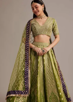 Mehendi Green Banarasi Silk Lehenga Set With Zardosi Work