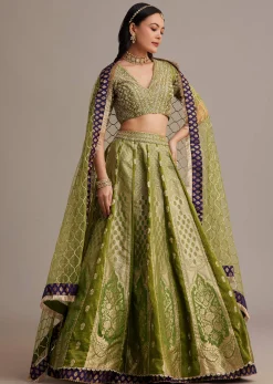 Mehendi Green Banarasi Silk Lehenga Set With Zardosi Work
