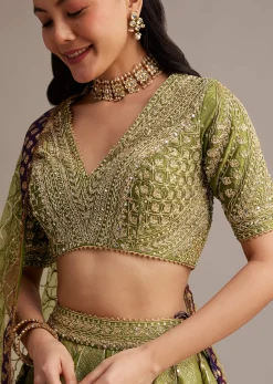 Mehendi Green Banarasi Silk Lehenga Set With Zardosi Work