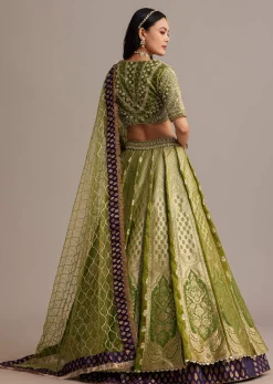 Mehendi Green Banarasi Silk Lehenga Set With Zardosi Work