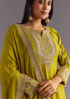 Mehendi Green Bandhani Palazzo Kurta Set With Zari And Mirror Work
