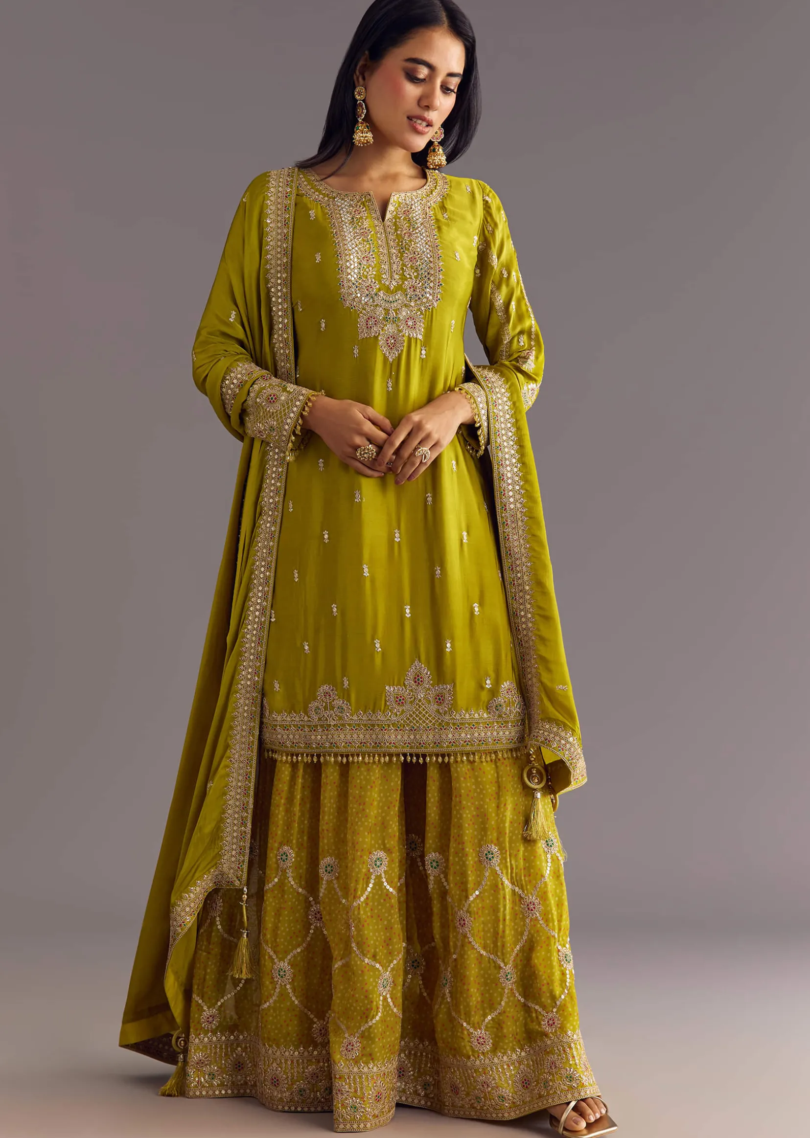 Mehendi Green Bandhani Palazzo Kurta Set With Zari And Mirror Work