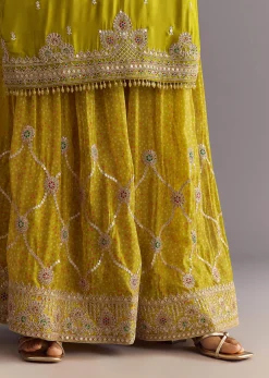 Mehendi Green Bandhani Palazzo Kurta Set With Zari And Mirror Work