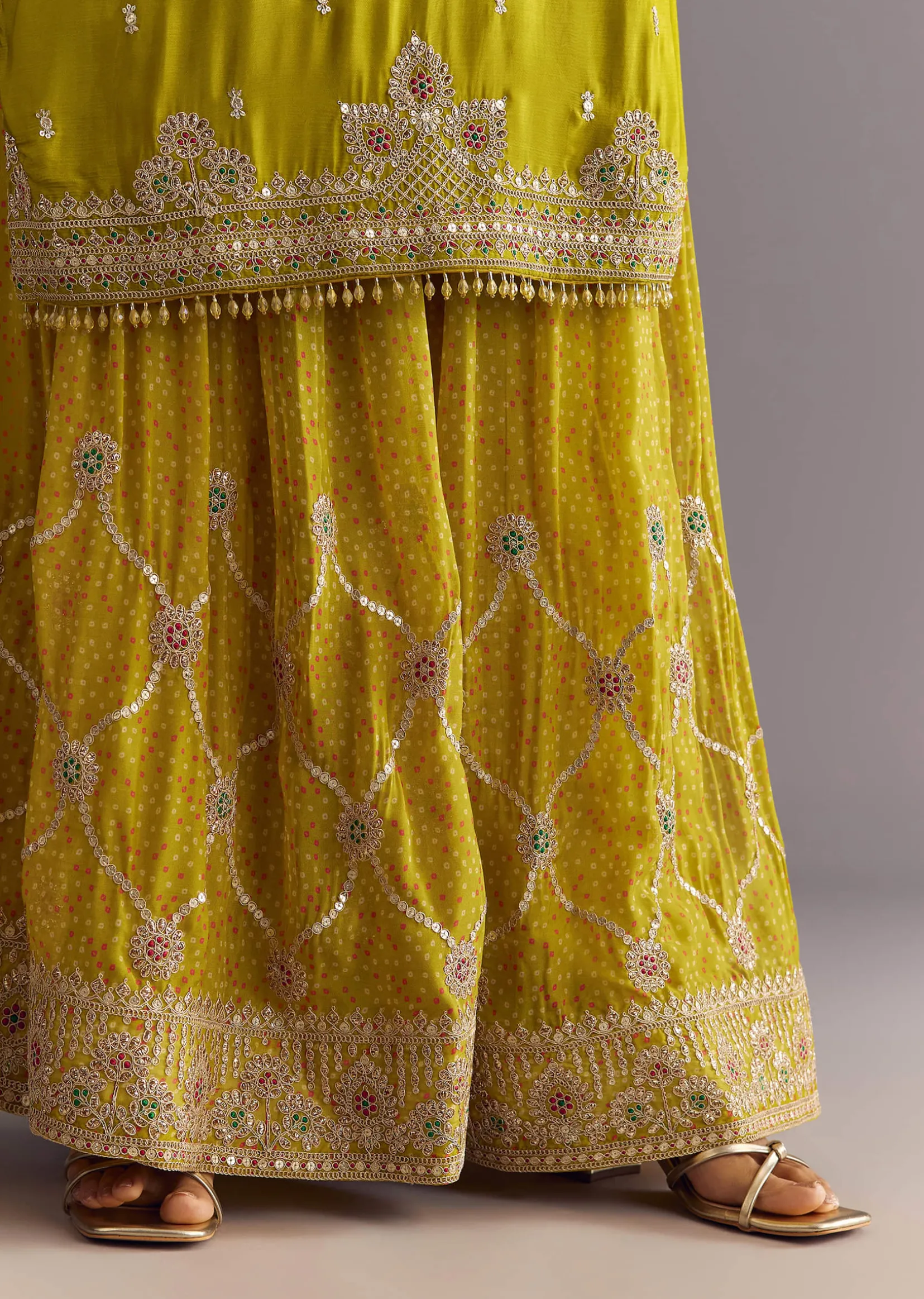 Mehendi Green Bandhani Palazzo Kurta Set With Zari And Mirror Work