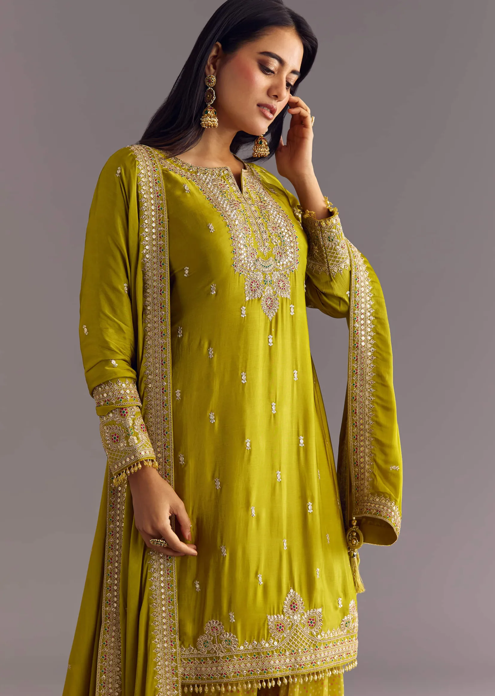 Mehendi Green Bandhani Palazzo Kurta Set With Zari And Mirror Work