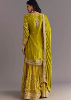 Mehendi Green Bandhani Palazzo Kurta Set With Zari And Mirror Work