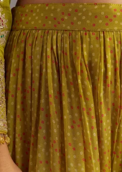 Mehendi Green Bandhani Palazzo Kurta Set With Zari And Mirror Work