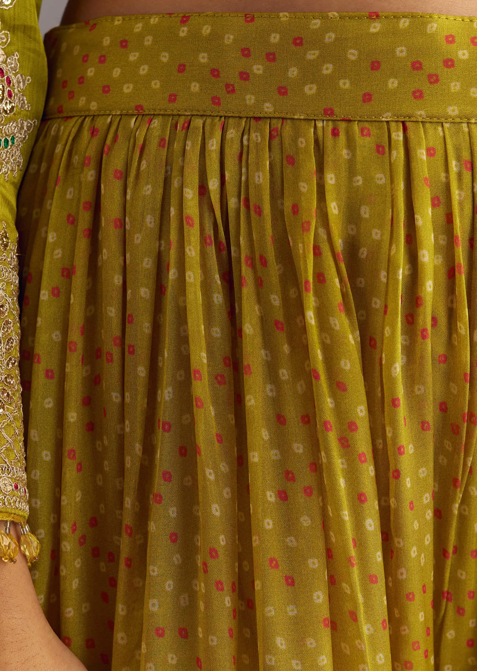 Mehendi Green Bandhani Palazzo Kurta Set With Zari And Mirror Work