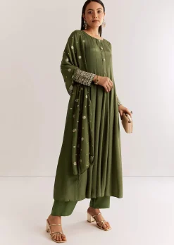 Mehendi Green Chinon Kurta Set With Zardosi And Butti Work