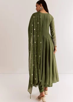 Mehendi Green Chinon Kurta Set With Zardosi And Butti Work