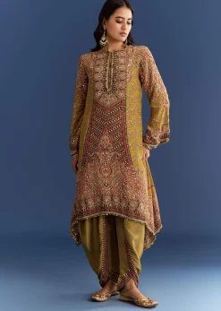Mehendi Green Crepe Asymmetrical Printed Kurta With Striped Printed Dhoti