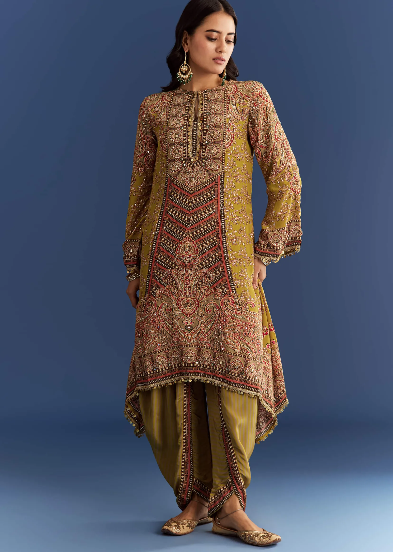 Mehendi Green Crepe Asymmetrical Printed Kurta With Striped Printed Dhoti